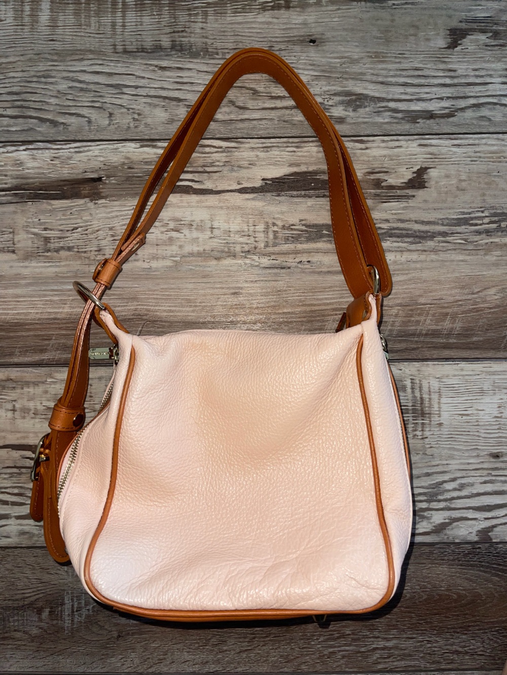 Valentina Large Dual Pocket Shoulder Bag Pink With Brown Straps